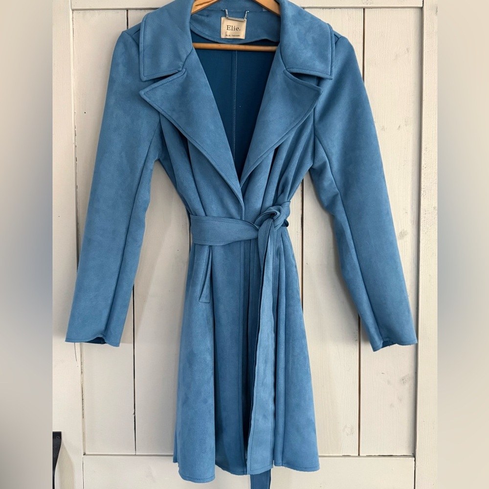 Elie Tahari Sky Blue Single Button faux Suede Belted  Trench Coat